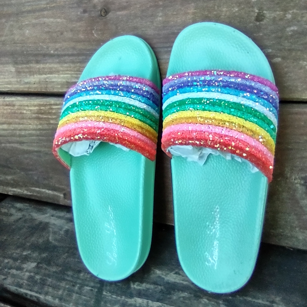 Lauren Lorraine Multicolor Glitter Slide Sandals RIA Green Size 6